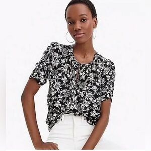 J Crew Keyhole Blouse, Sheer Bird Print, Black, Ruched Short Sleeve, Extra Small